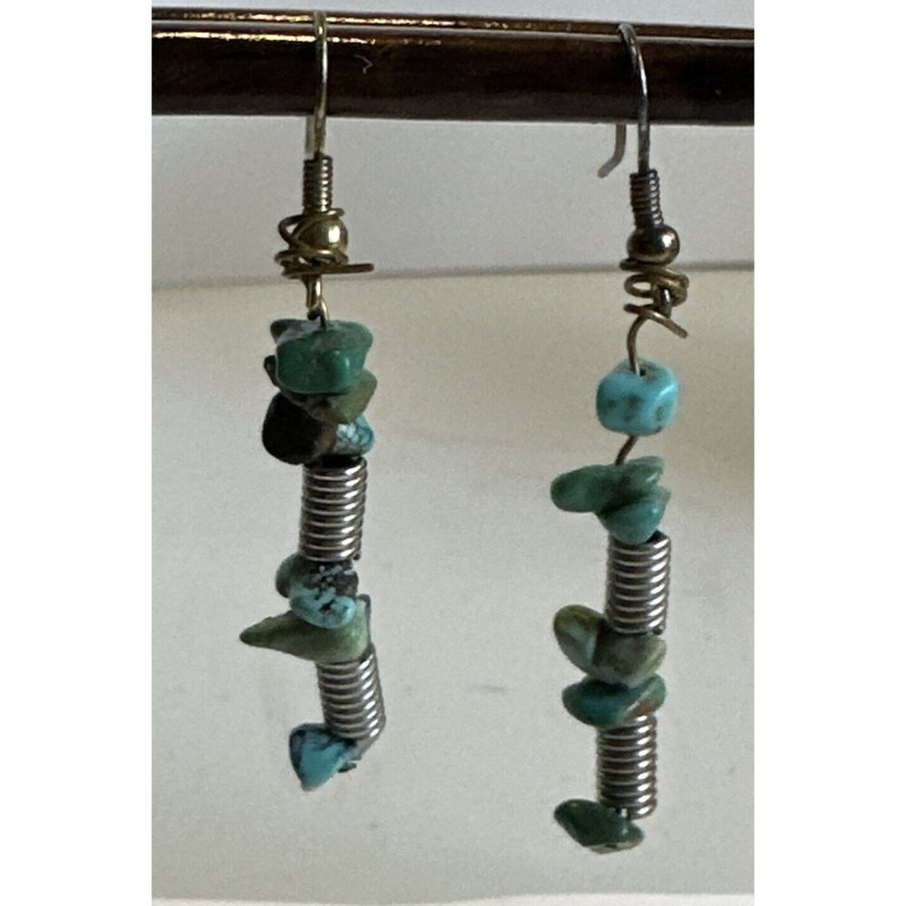 handcrafted silver tone turquoise Chips  southwestern style earrings 2” Dangle